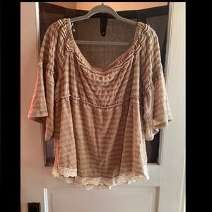 Women's Tan Blouse with Lace Trim